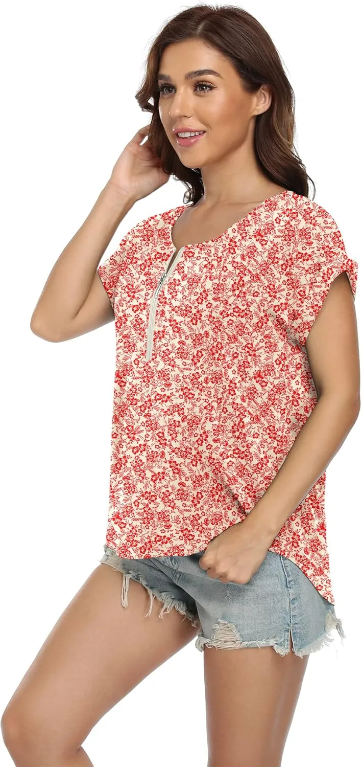 VIISHOW Women's Summer Casual Rolled Cuff Zip Half Placket Chiffon Short Sleeve Top Blouses