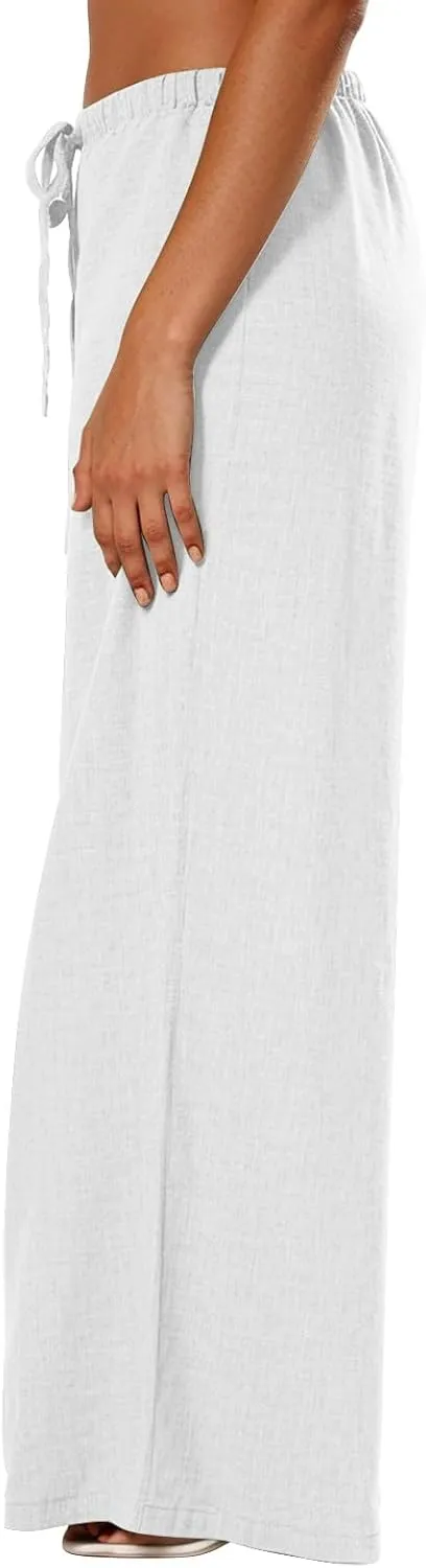 Wide Leg Linen Pants Women Casual Flowy Elastic Waist Work Pants Summer Loose Drawstring Cotton Joggers with Pockets