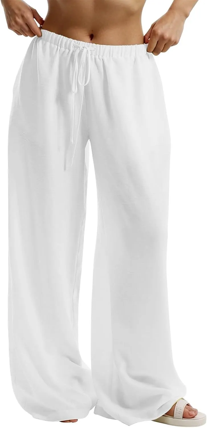 Wide Leg Linen Pants Women Casual Flowy Elastic Waist Work Pants Summer Loose Drawstring Cotton Joggers with Pockets