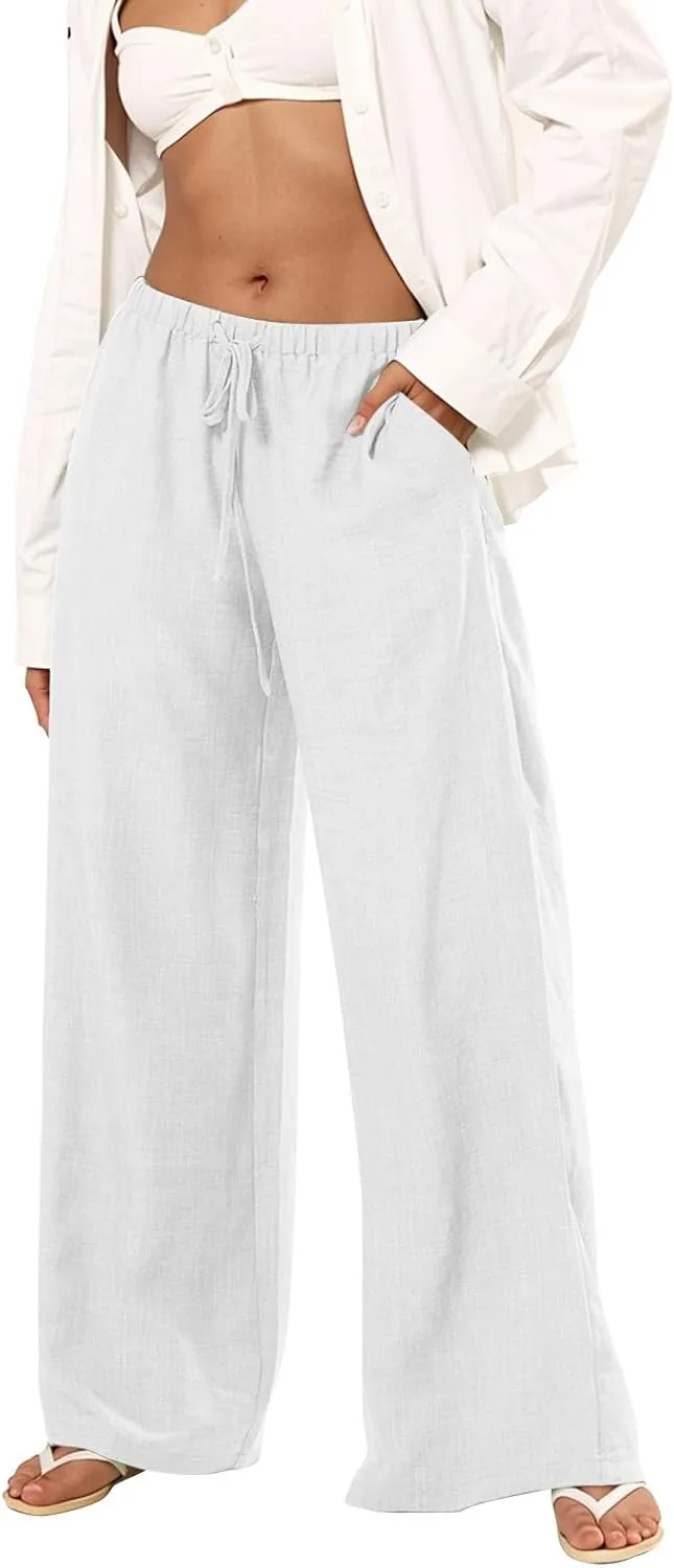 Wide Leg Linen Pants Women Casual Flowy Elastic Waist Work Pants Summer Loose Drawstring Cotton Joggers with Pockets