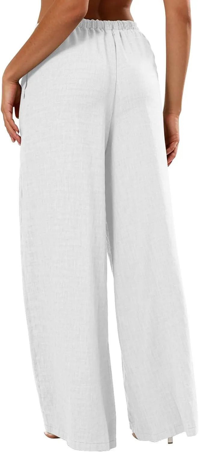 Wide Leg Linen Pants Women Casual Flowy Elastic Waist Work Pants Summer Loose Drawstring Cotton Joggers with Pockets