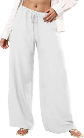 Wide Leg Linen Pants Women Casual Flowy Elastic Waist Work Pants Summer Loose Drawstring Cotton Joggers with Pockets