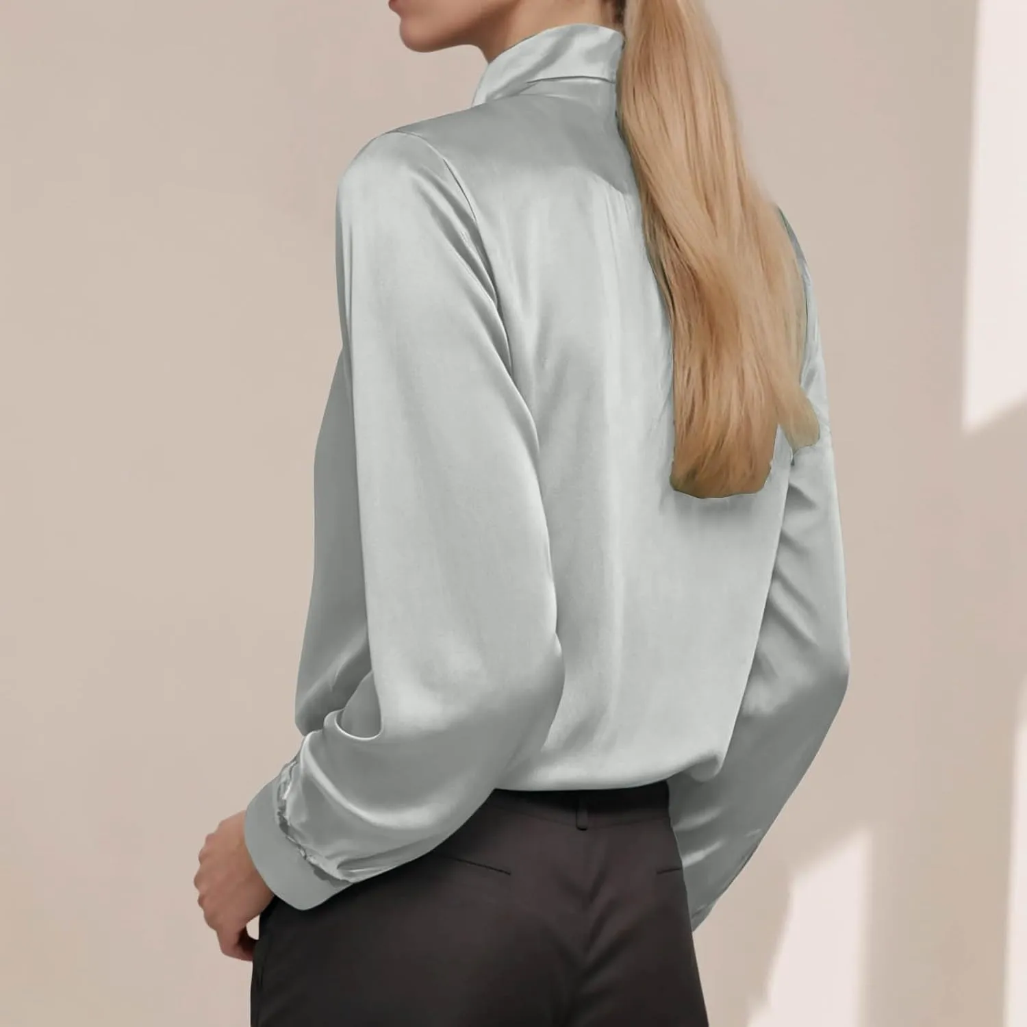 Winter Tops for Women Chiffon V-Neck Ribbon Elegant tie Blouse Long Sleeve Silk Tops Satin Blouses for Business