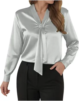 Winter Tops for Women Chiffon V-Neck Ribbon Elegant tie Blouse Long Sleeve Silk Tops Satin Blouses for Business