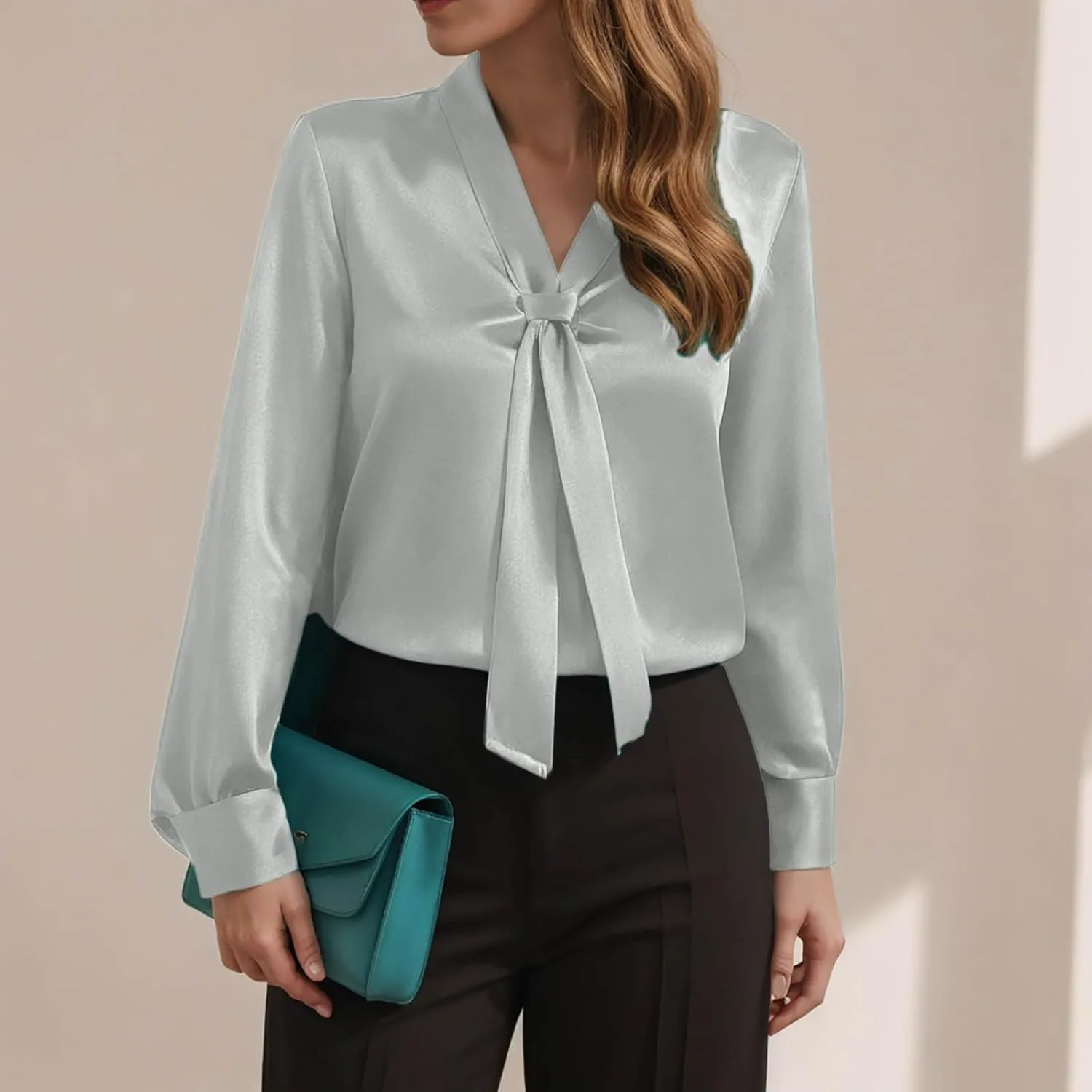 Winter Tops for Women Chiffon V-Neck Ribbon Elegant tie Blouse Long Sleeve Silk Tops Satin Blouses for Business