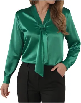 Winter Tops for Women Chiffon V-Neck Ribbon Elegant tie Blouse Long Sleeve Silk Tops Satin Blouses for Business