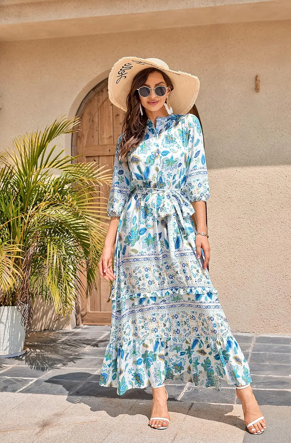 Women 3/4 Sleeves Front Buttons Floral Print Casual Bohemian Maxi Dresses