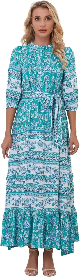 Women 3/4 Sleeves Front Buttons Floral Print Casual Bohemian Maxi Dresses