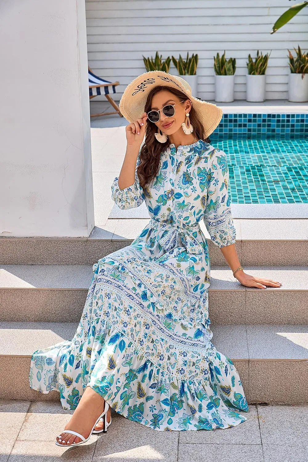 Women 3/4 Sleeves Front Buttons Floral Print Casual Bohemian Maxi Dresses