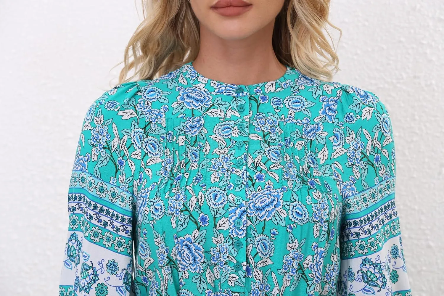 Women 3/4 Sleeves Front Buttons Floral Print Casual Bohemian Maxi Dresses
