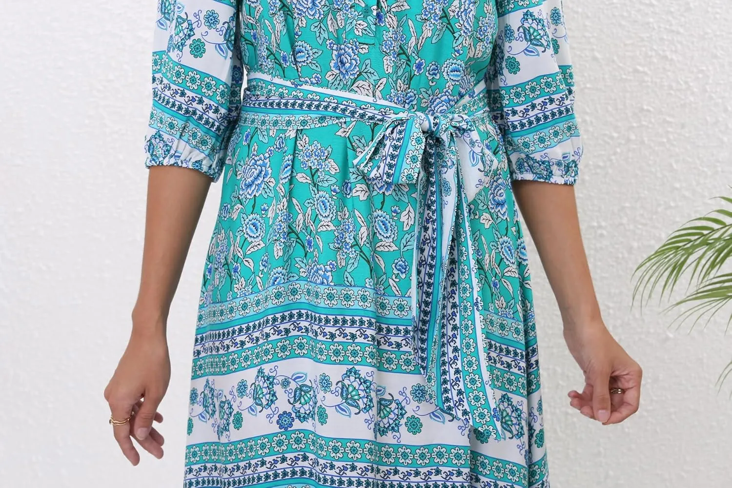 Women 3/4 Sleeves Front Buttons Floral Print Casual Bohemian Maxi Dresses