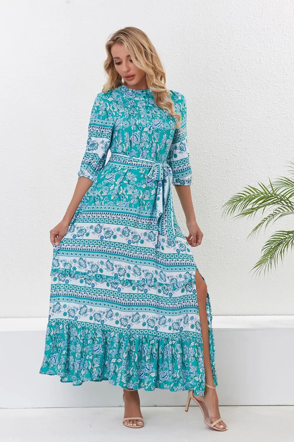 Women 3/4 Sleeves Front Buttons Floral Print Casual Bohemian Maxi Dresses