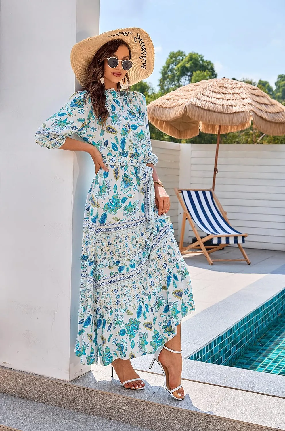 Women 3/4 Sleeves Front Buttons Floral Print Casual Bohemian Maxi Dresses