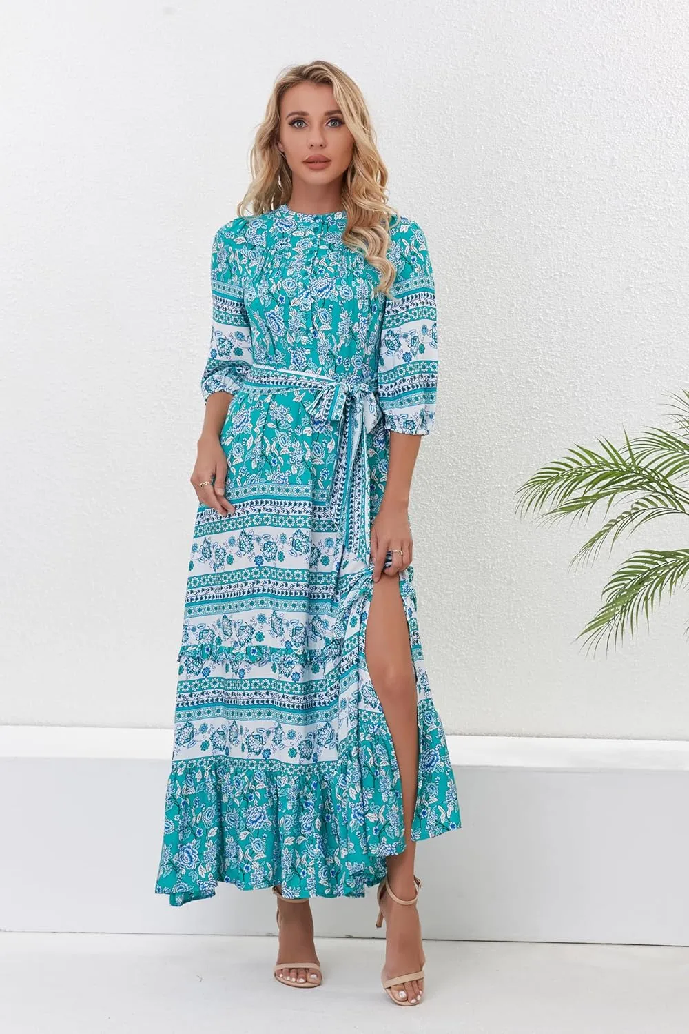 Women 3/4 Sleeves Front Buttons Floral Print Casual Bohemian Maxi Dresses