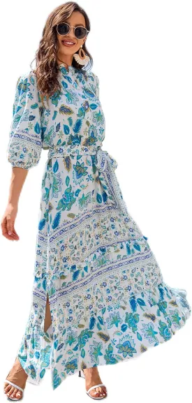 Women 3/4 Sleeves Front Buttons Floral Print Casual Bohemian Maxi Dresses