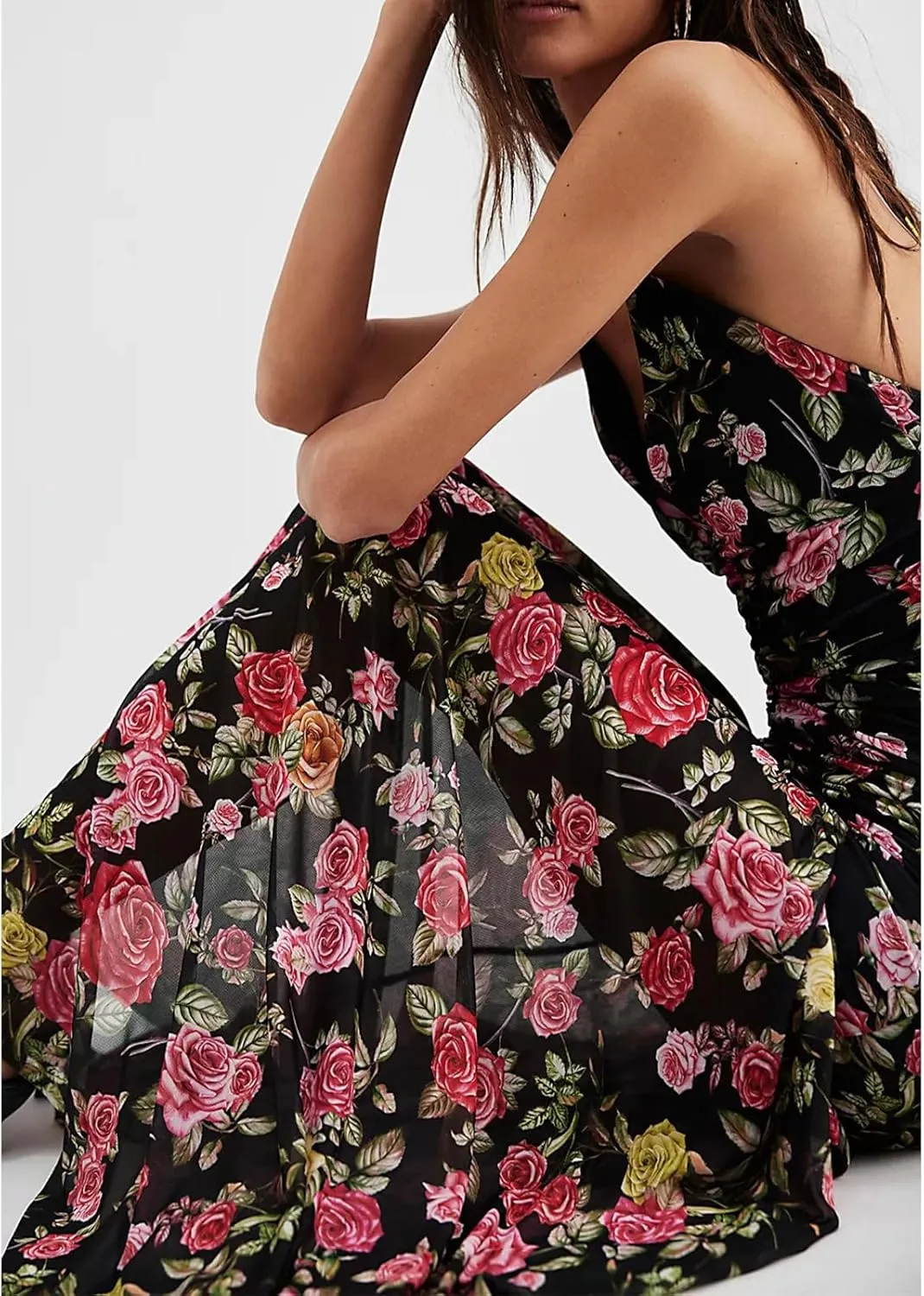 Women Floral Maxi Dress Y2k Sleeveless Backless Spaghetti Strap A-Line Long Flowy Dress Summer Vacation Sundress