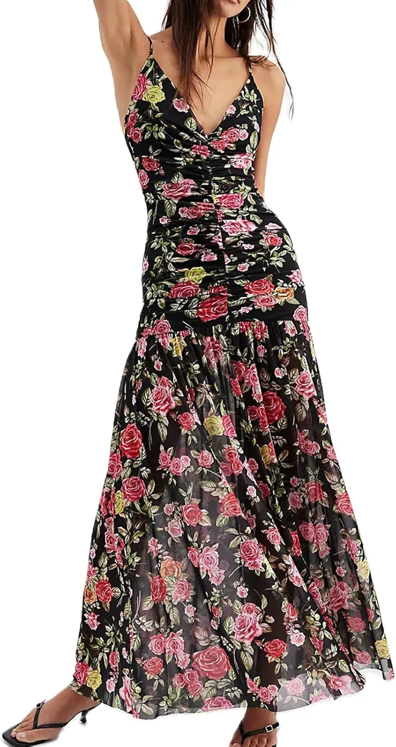 Women Floral Maxi Dress Y2k Sleeveless Backless Spaghetti Strap A-Line Long Flowy Dress Summer Vacation Sundress