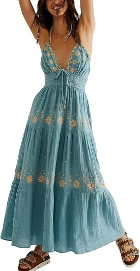 Women Floral Maxi Dress Y2k Sleeveless Backless Spaghetti Strap A-Line Long Flowy Dress Summer Vacation Sundress