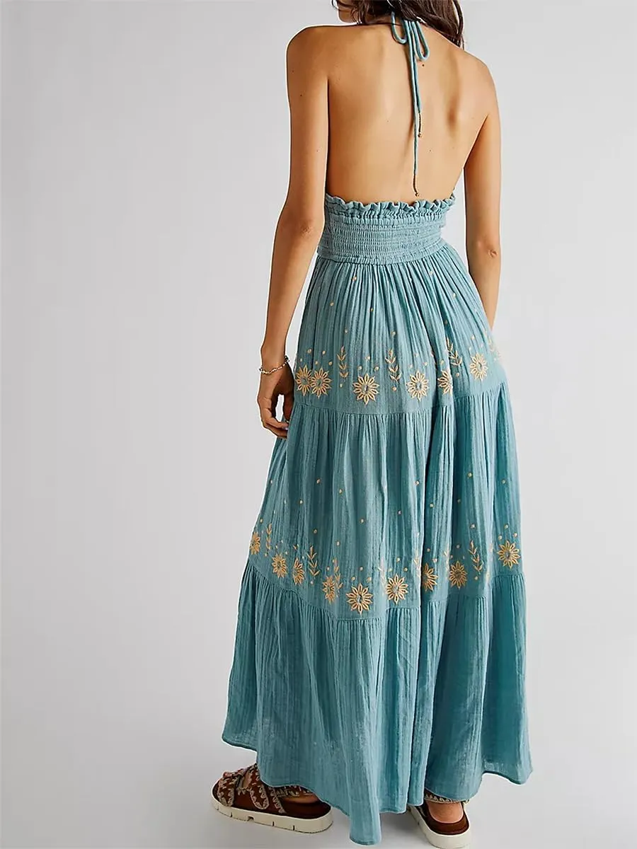 Women Floral Maxi Dress Y2k Sleeveless Backless Spaghetti Strap A-Line Long Flowy Dress Summer Vacation Sundress