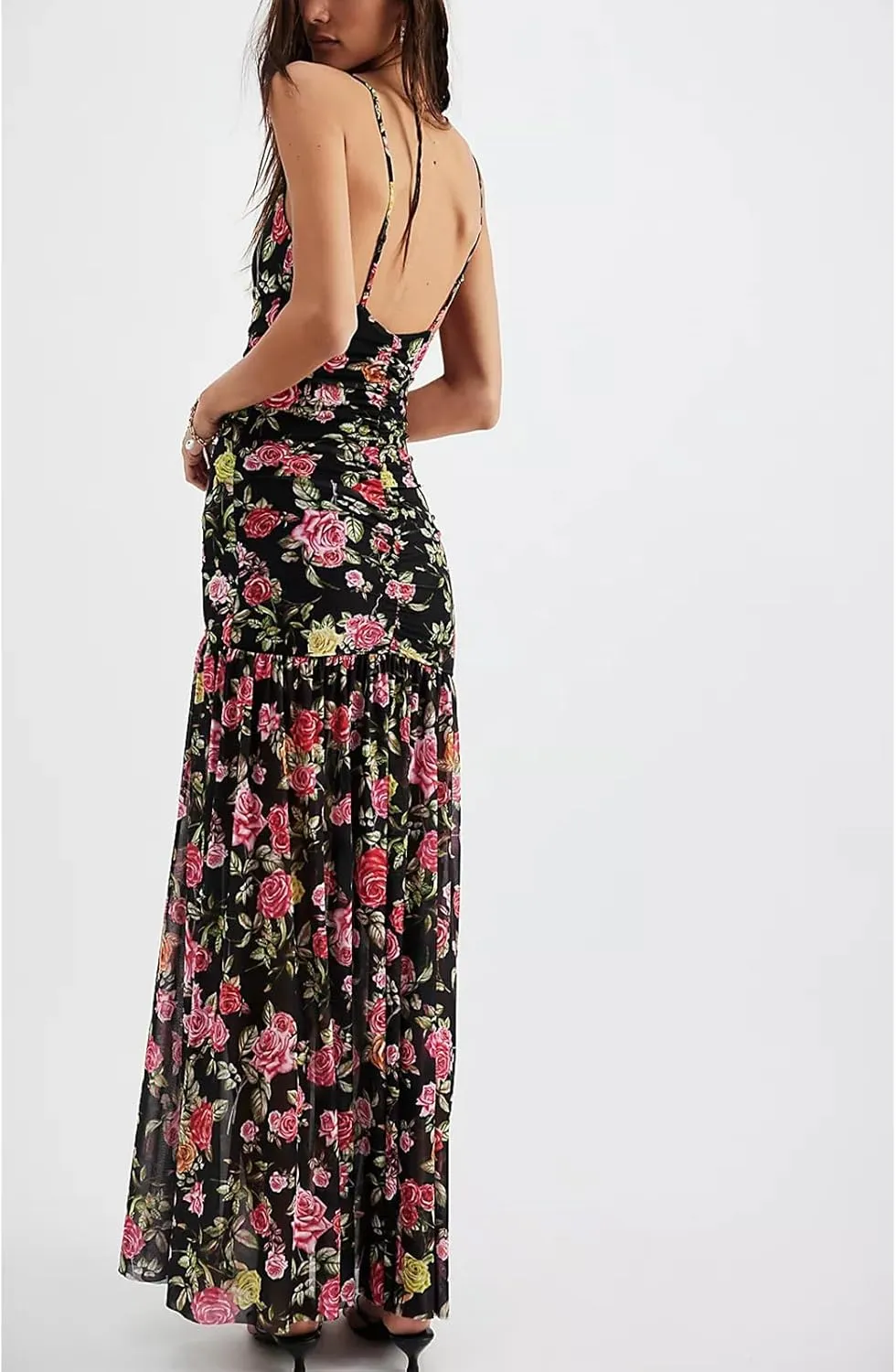 Women Floral Maxi Dress Y2k Sleeveless Backless Spaghetti Strap A-Line Long Flowy Dress Summer Vacation Sundress