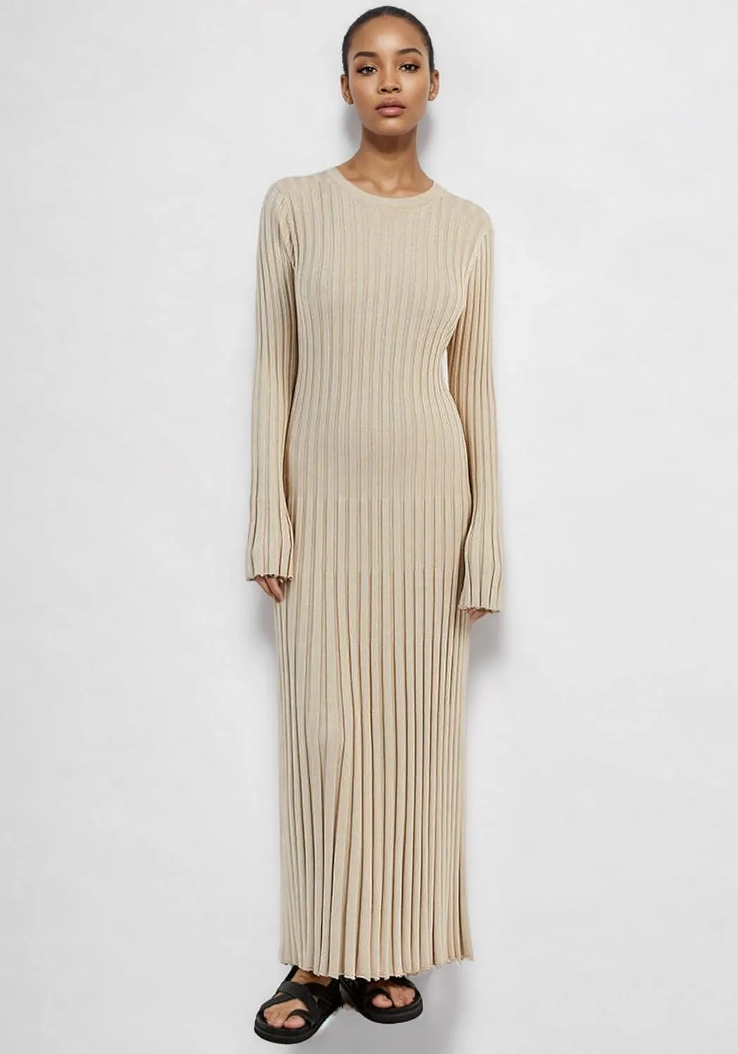 Women Long Sleeve Knit Maxi Dress Crewneck Solid Ribbed Casual Bodycon Pleated Elegant Long Sweater Dress