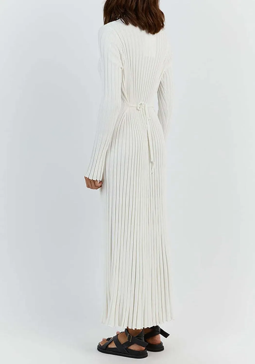 Women Long Sleeve Knit Maxi Dress Crewneck Solid Ribbed Casual Bodycon Pleated Elegant Long Sweater Dress