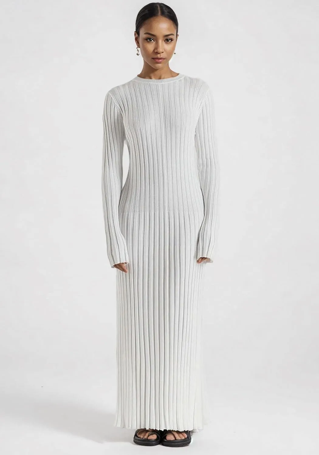 Women Long Sleeve Knit Maxi Dress Crewneck Solid Ribbed Casual Bodycon Pleated Elegant Long Sweater Dress