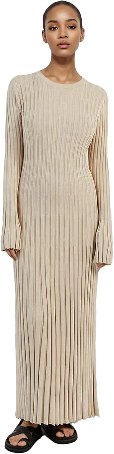 Women Long Sleeve Knit Maxi Dress Crewneck Solid Ribbed Casual Bodycon Pleated Elegant Long Sweater Dress