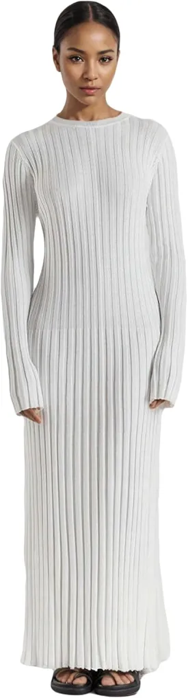 Women Long Sleeve Knit Maxi Dress Crewneck Solid Ribbed Casual Bodycon Pleated Elegant Long Sweater Dress