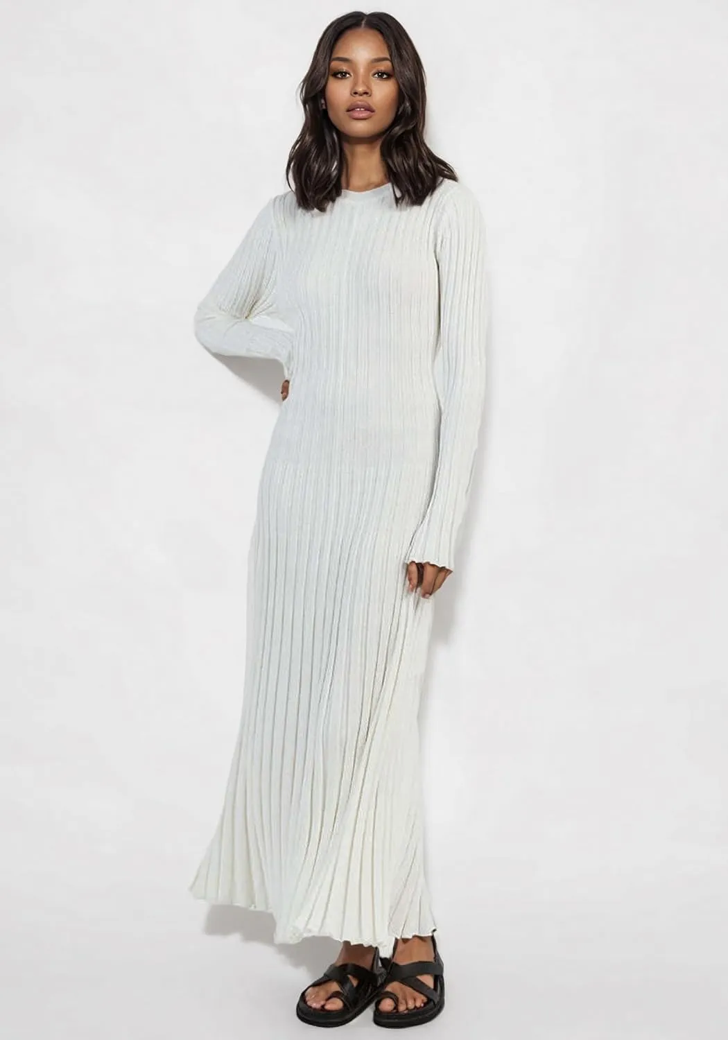 Women Long Sleeve Knit Maxi Dress Crewneck Solid Ribbed Casual Bodycon Pleated Elegant Long Sweater Dress