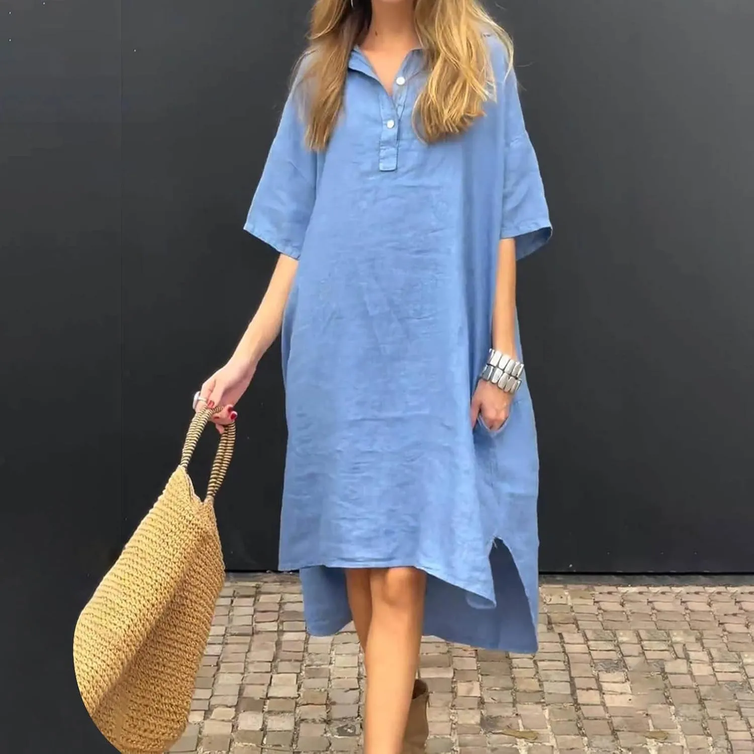 Women Summer Casual Linen Beach Tunic Dress Loose High Low Midi Long 1/4 Button Polos T Shirt Dress Swimsuit Cover Ups