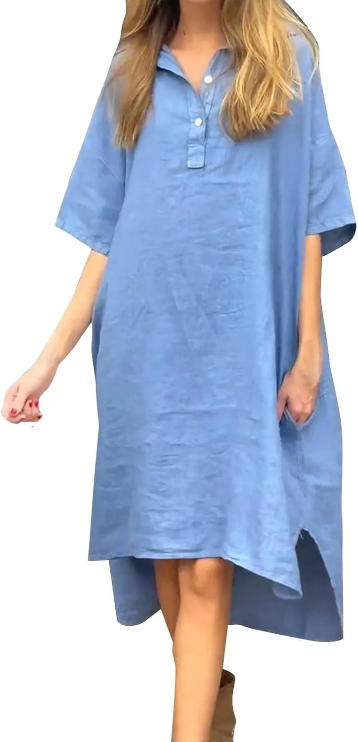 Women Summer Casual Linen Beach Tunic Dress Loose High Low Midi Long 1/4 Button Polos T Shirt Dress Swimsuit Cover Ups