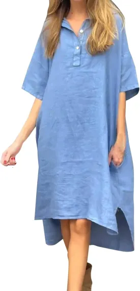 Women Summer Casual Linen Beach Tunic Dress Loose High Low Midi Long 1/4 Button Polos T Shirt Dress Swimsuit Cover Ups