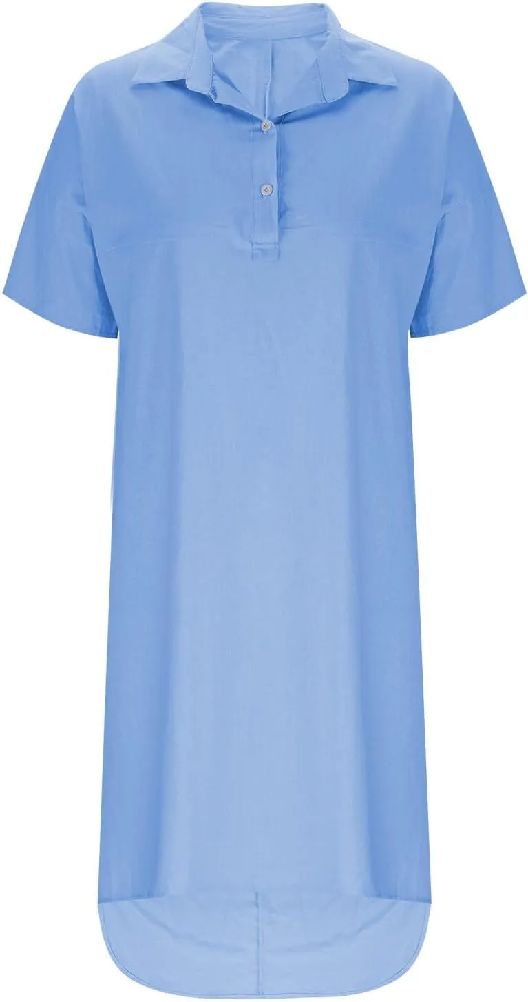 Women Summer Casual Linen Beach Tunic Dress Loose High Low Midi Long 1/4 Button Polos T Shirt Dress Swimsuit Cover Ups