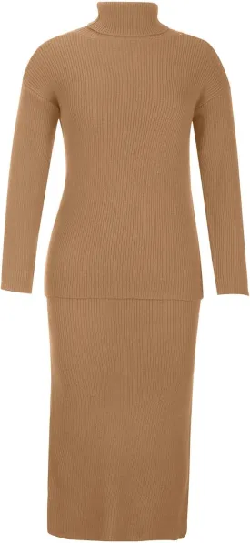 Women's 2 Piece Outfits Ribbed Knit Long Sleeve Oversized Turtleneck Sweater Top and Bodycon Midi Skirt Dress Set
