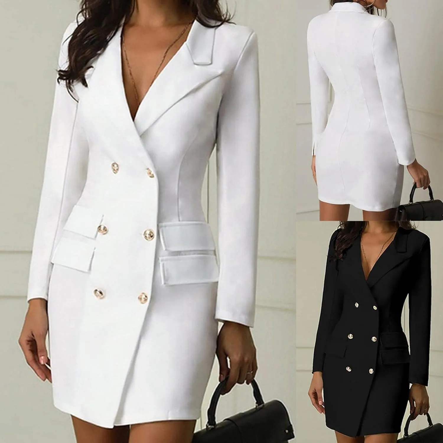 Women's Blazer Dresses Long Sleeve Button Front Elegant Solid Blazer Mini Dress Double Breasted Long Jacket Coat Dress