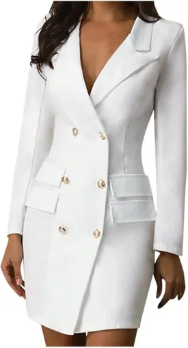 Women's Blazer Dresses Long Sleeve Button Front Elegant Solid Blazer Mini Dress Double Breasted Long Jacket Coat Dress