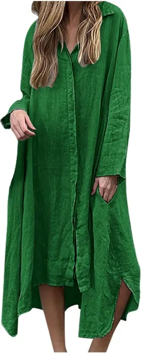 Womens Casual Collared Cotton Linen Maxi Shirt Dress Long Sleeve Button Up Long Swimsuit Cover Ups Summer Beach Dresses