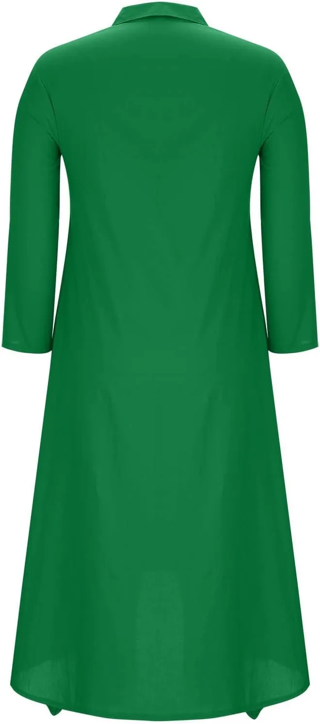 Womens Casual Collared Cotton Linen Maxi Shirt Dress Long Sleeve Button Up Long Swimsuit Cover Ups Summer Beach Dresses