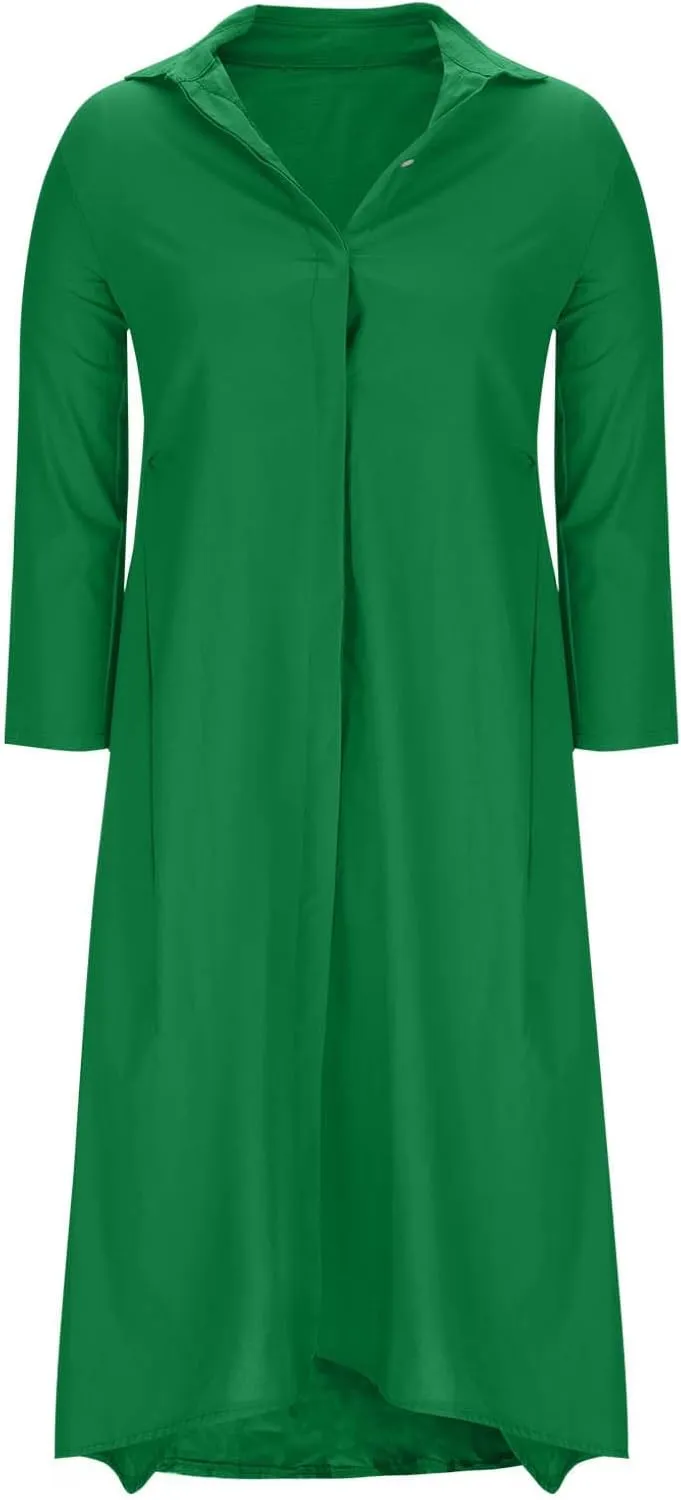 Womens Casual Collared Cotton Linen Maxi Shirt Dress Long Sleeve Button Up Long Swimsuit Cover Ups Summer Beach Dresses
