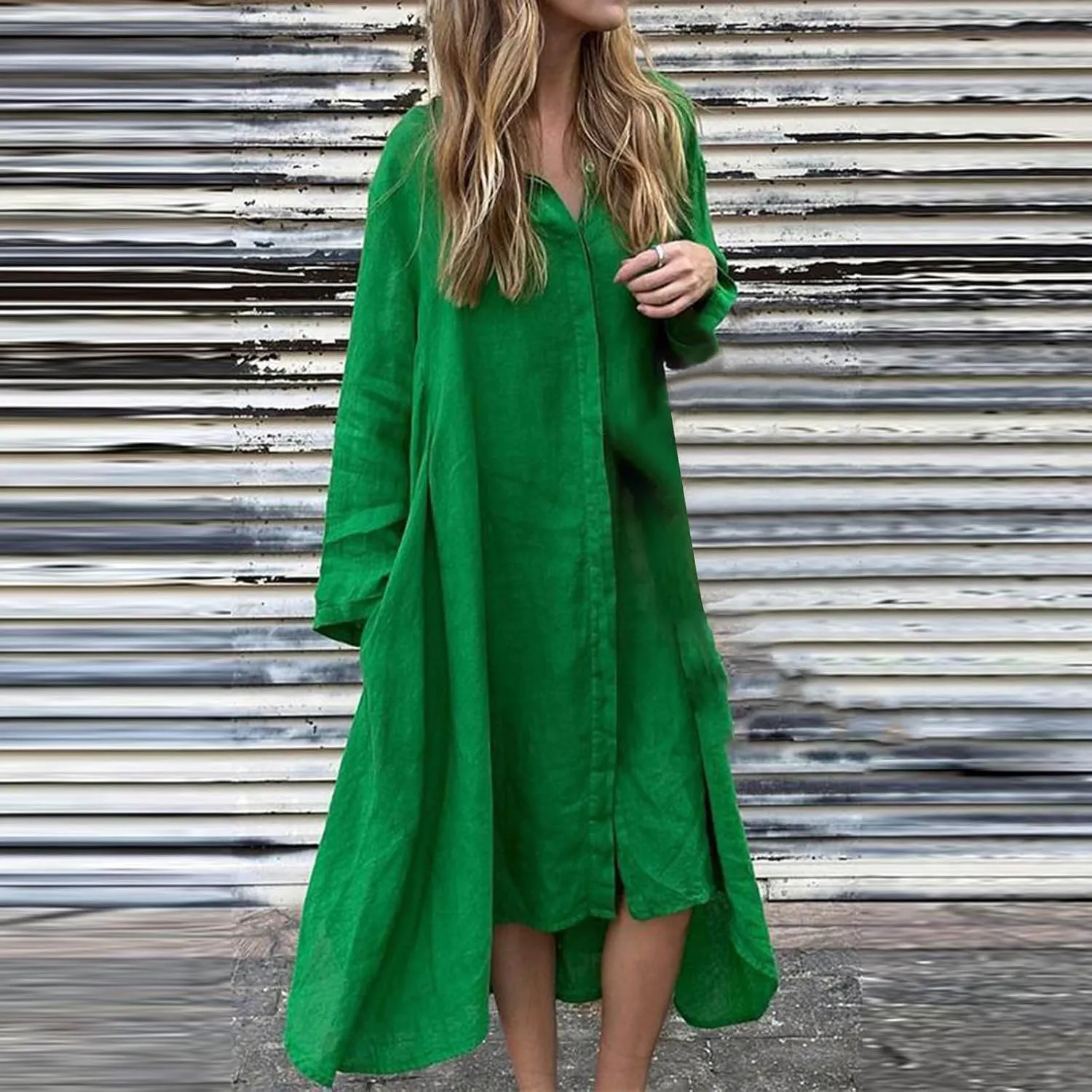 Womens Casual Collared Cotton Linen Maxi Shirt Dress Long Sleeve Button Up Long Swimsuit Cover Ups Summer Beach Dresses