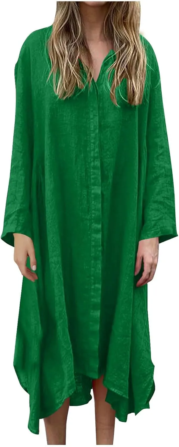 Womens Casual Collared Cotton Linen Maxi Shirt Dress Long Sleeve Button Up Long Swimsuit Cover Ups Summer Beach Dresses