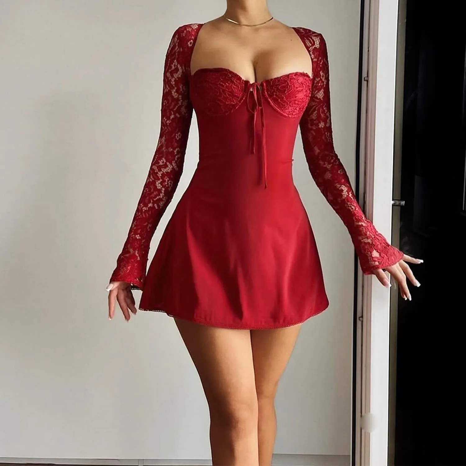 Women's Elegant Lace Long Sleeve Dress Lace Patchwork Low Cut Mini Dress Backless Tie-up Y2k Going Out Dress