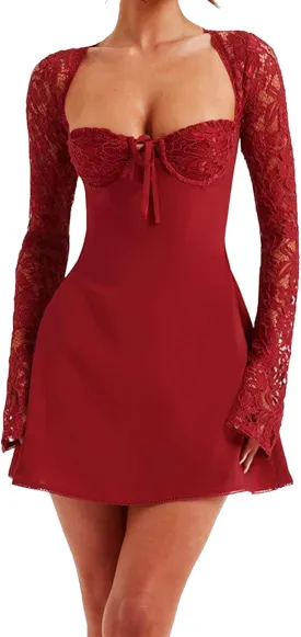 Women's Elegant Lace Long Sleeve Dress Lace Patchwork Low Cut Mini Dress Backless Tie-up Y2k Going Out Dress