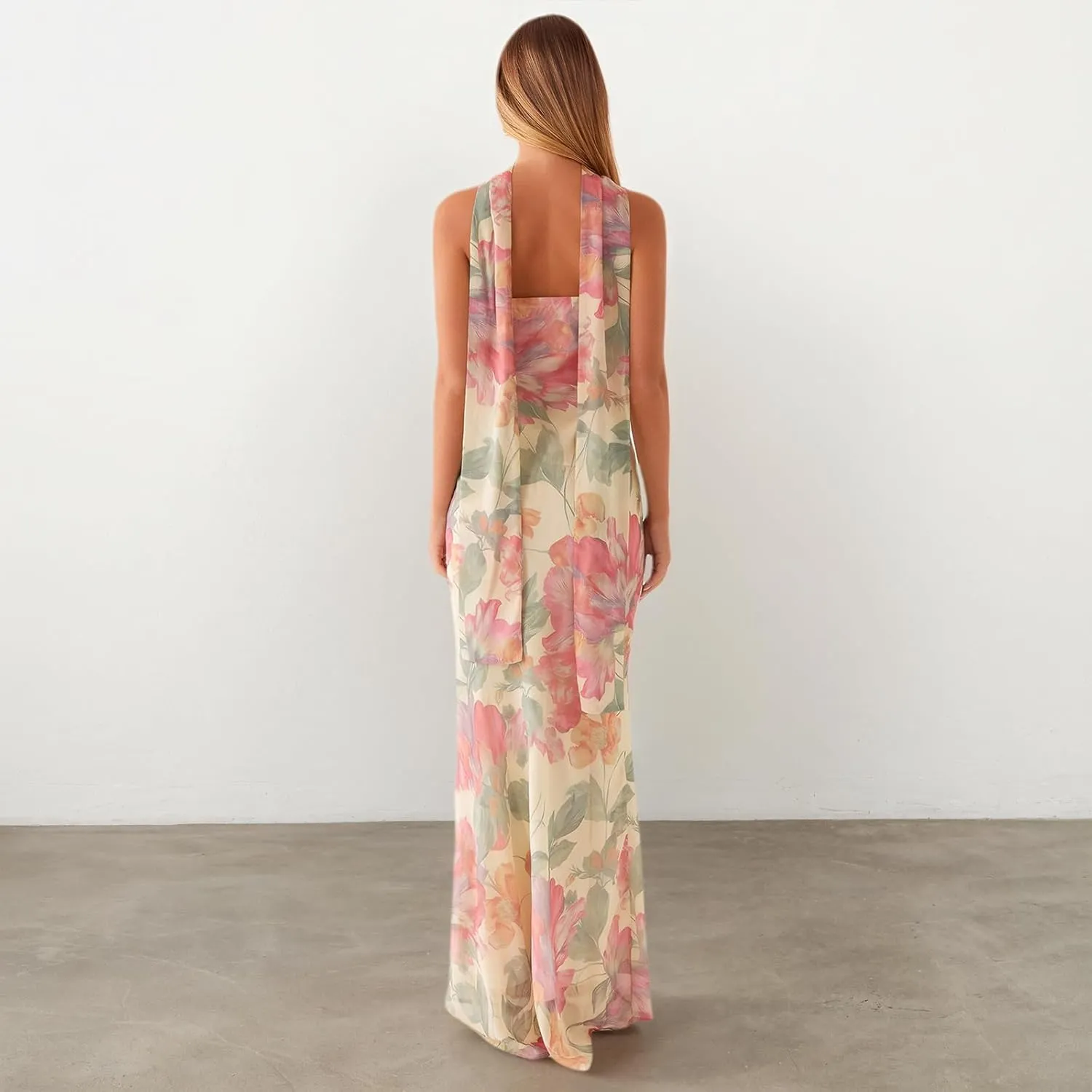 Womens Floral Strapless Dress Y2k Backless with Scarf Tube Maxi Long Dresses Sexy Mesh Bodycon Beachwear