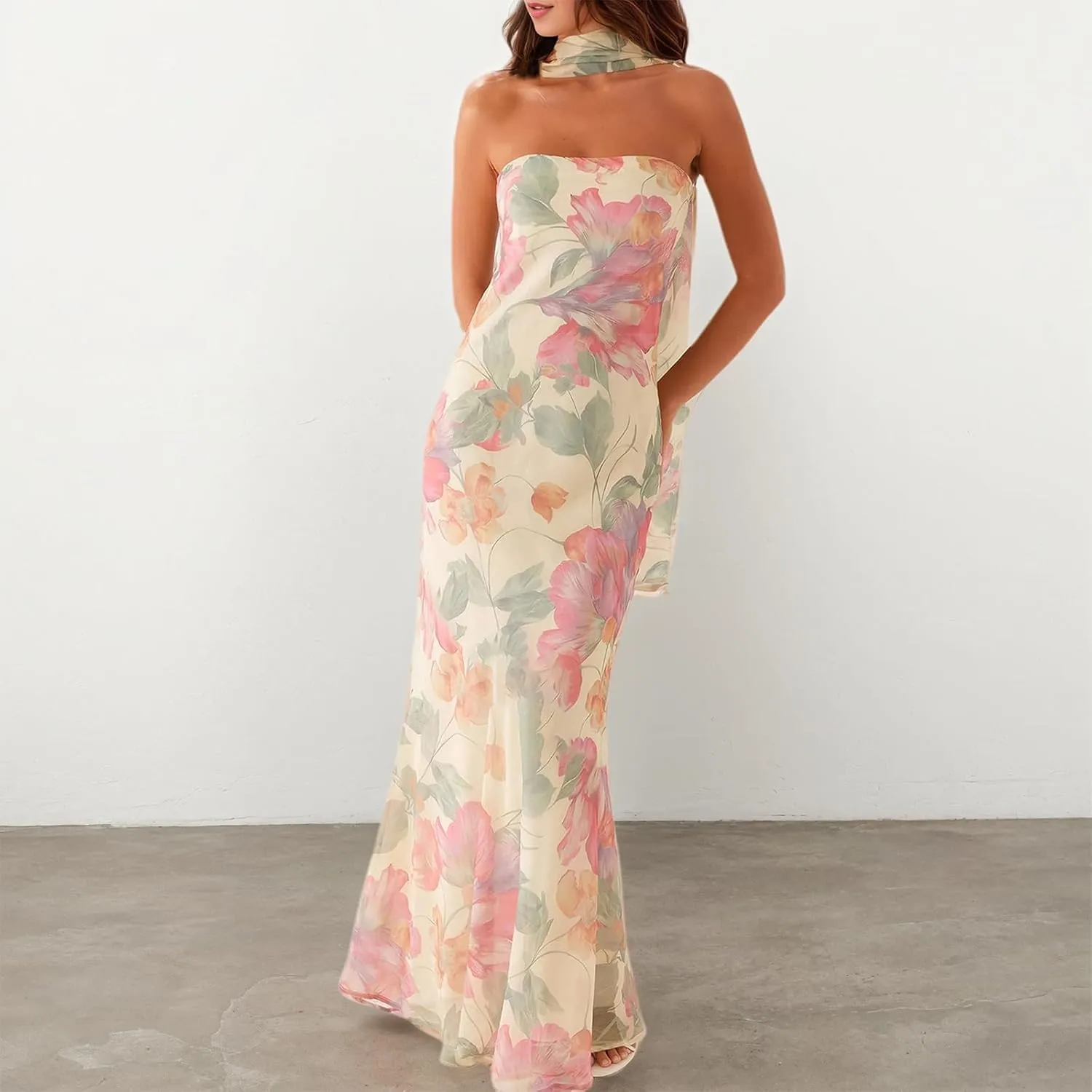 Womens Floral Strapless Dress Y2k Backless with Scarf Tube Maxi Long Dresses Sexy Mesh Bodycon Beachwear