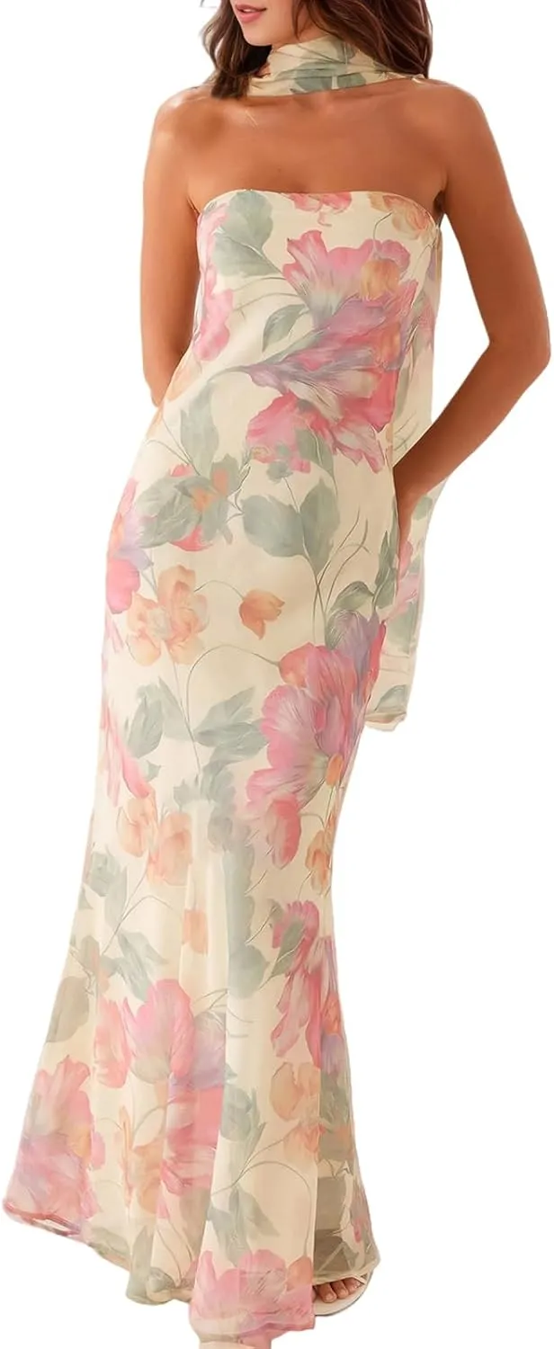 Womens Floral Strapless Dress Y2k Backless with Scarf Tube Maxi Long Dresses Sexy Mesh Bodycon Beachwear