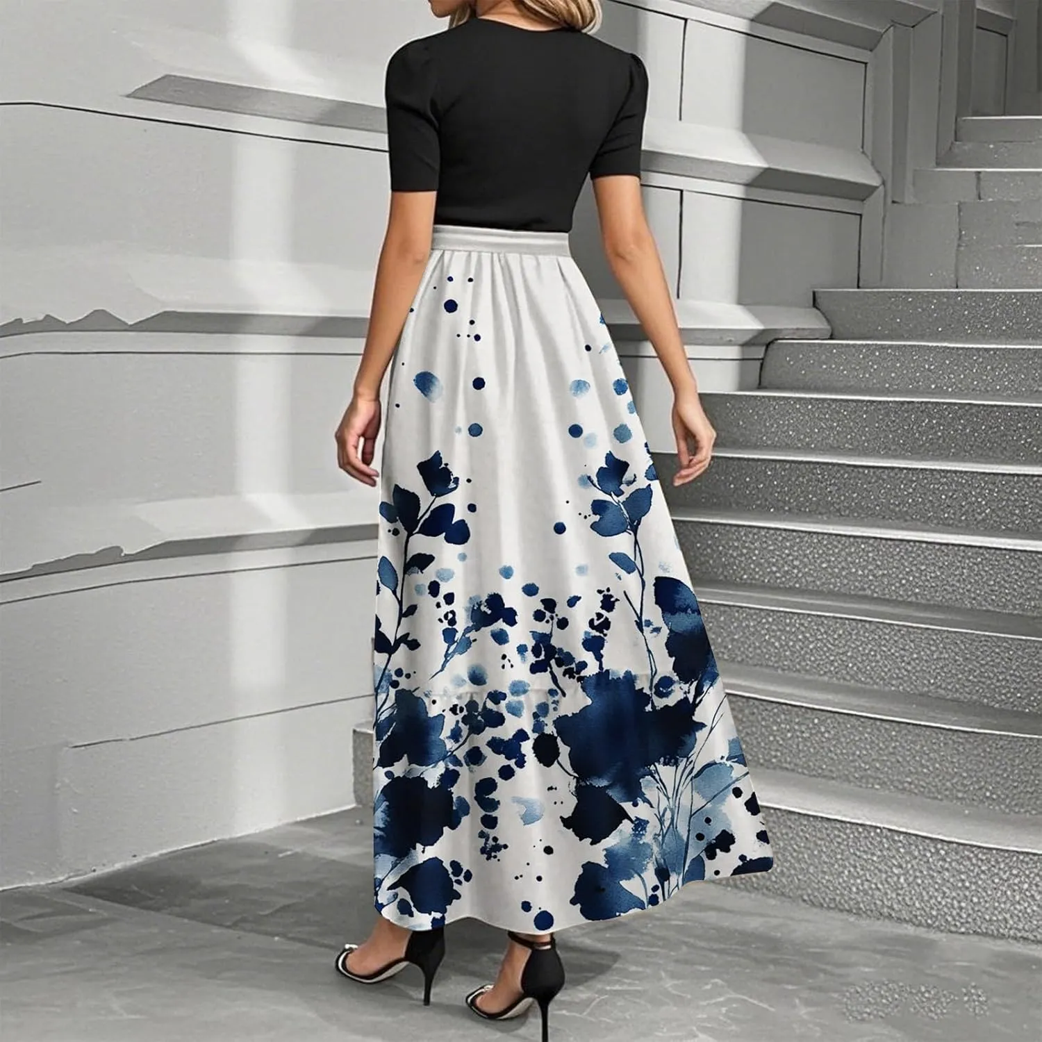 Women's Floral Summer Maxi Dresses Boho Tie Belted Patchwork Empire Waist Short Sleeve Ruffle Flowy Long Dress