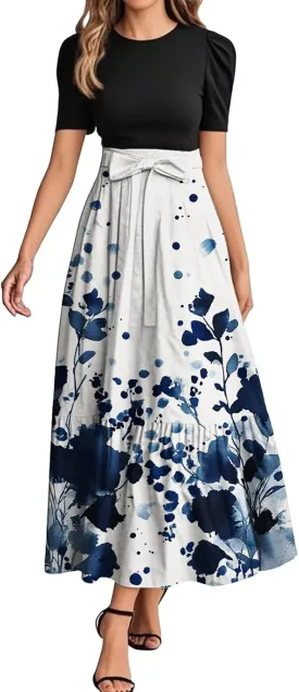 Women's Floral Summer Maxi Dresses Boho Tie Belted Patchwork Empire Waist Short Sleeve Ruffle Flowy Long Dress