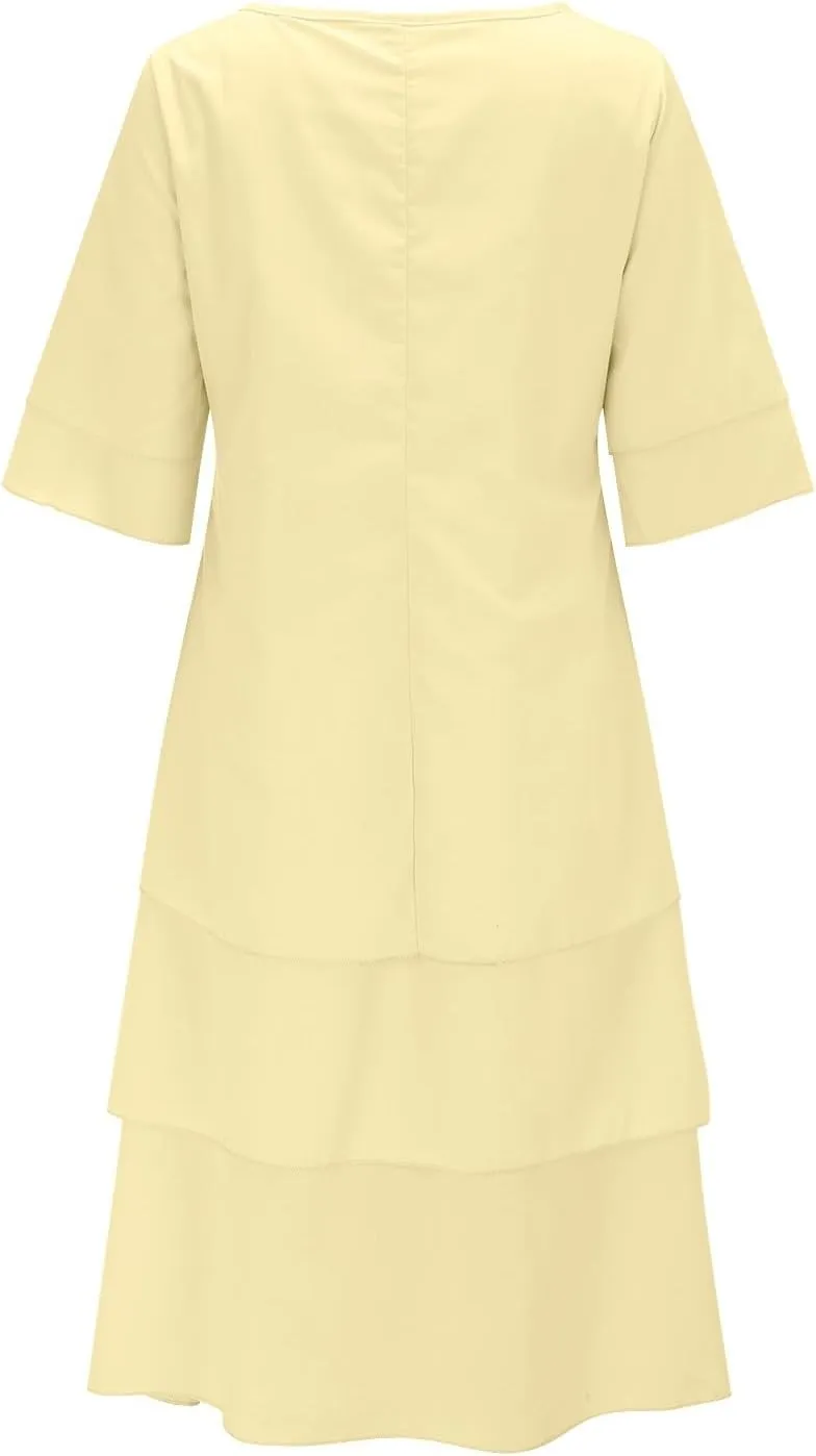 Women's Linen Dresses Layered Short Sleeve Crew Neck Dresses Loose Fit Long Dresses Summer Irregular Flowy Boho Dress